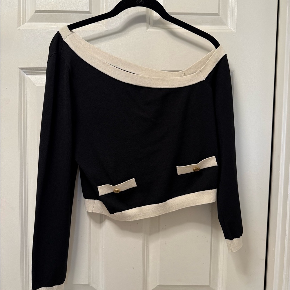 Express Off-the-Shoulder Black and Cream Sweater with Elegant Bow Details